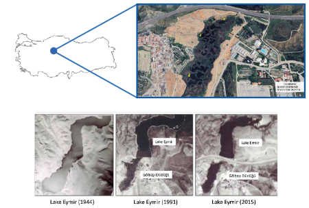 Composite image showing four time slices of the Gölbaşı Düzlüğü Pondscape from 1944, 1991, 2015 and present day.