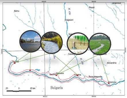 Annotated simplified map of the lower Danube illustrating the four demonstration sites.