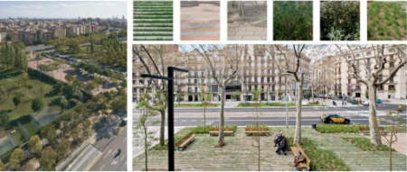 A montage of greenspaces in Barcelona with trees.