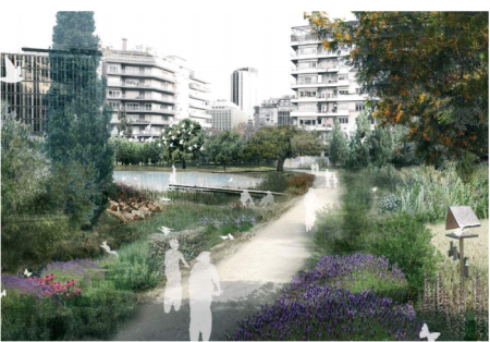 A computer generated image of a proposed greenspace in Barcelona.