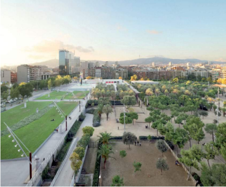 A computer generated image of a proposed large greenspace in Barcelona.