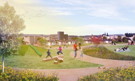 A composite image of children playing on play equipment surrounded by flower beds and pathways.