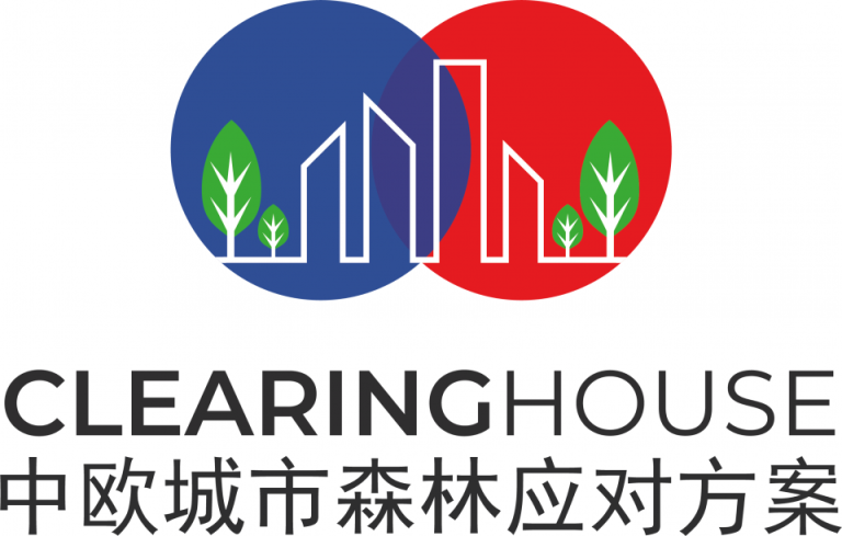 Blue and red circles with outline of city and trees with logo text - CLEARING HOUSE