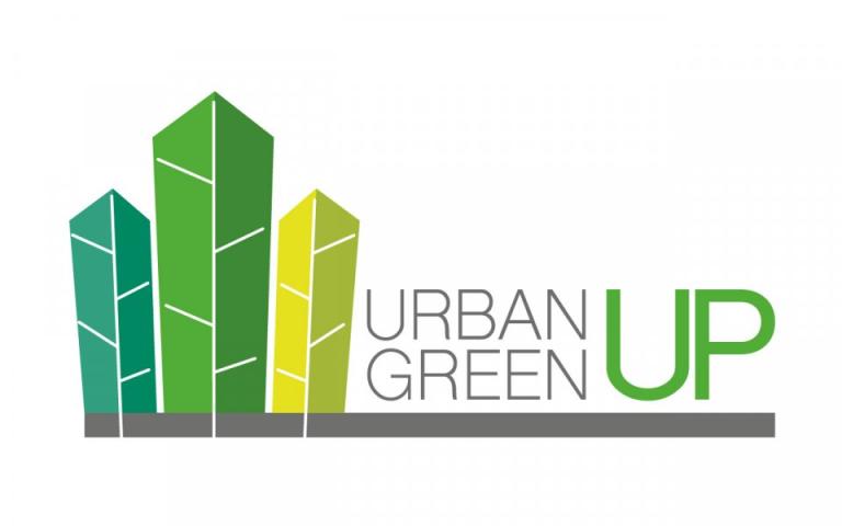 Logo text - URBAN GREEN UP, with three green buildings 