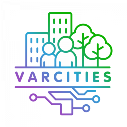 VARCITIES text on a colourful logo of people in city with trees