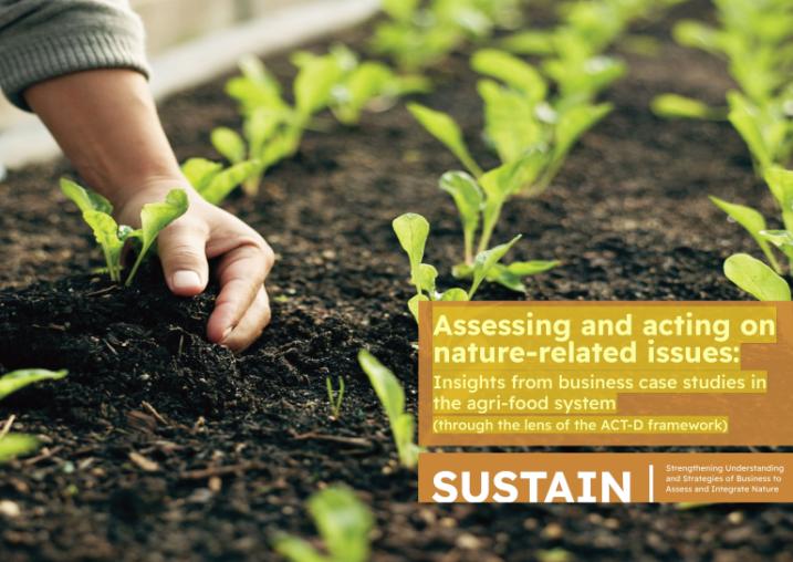 Report cover of Assessing and acting on nature-related issues: Insights from business case studies in the agri-food system (through the lens of the ACT-D framework) showing a hand planting a seedling in a row of crops in dark organic soil