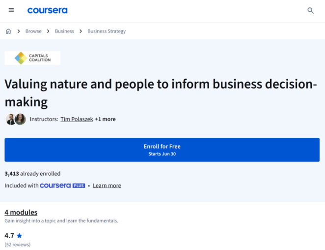 Valuing nature and people to inform business decision-making course