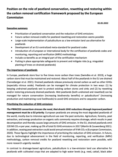Position on the role of peatland conservation, rewetting and restoring within the carbon removal certification framework proposed by the European Commission
