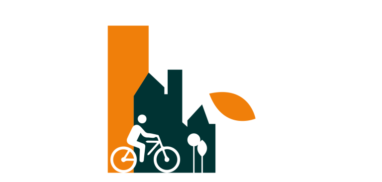 regreeneration logo with orange sky scraper, black house and white cut out of person cycling