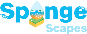 sponge scapes logo - raindrop as letter "o" with landscape inside