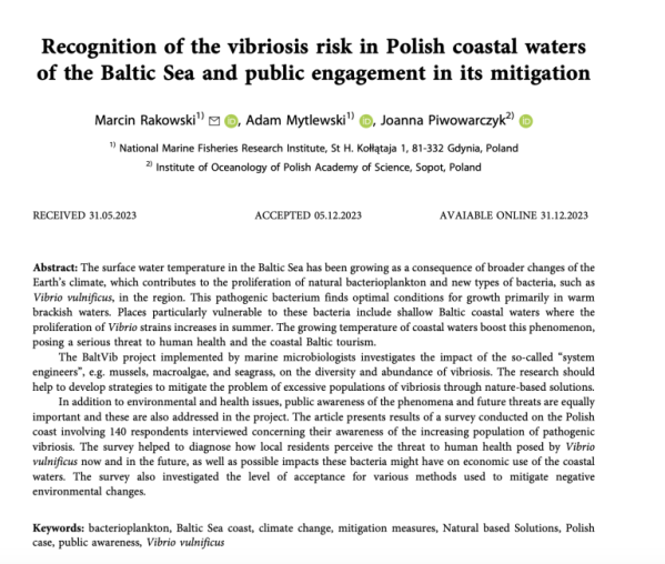 Recognition of the vibriosis risk in Polish coastal waters of the Baltic Sea and public engagement in its mitigation 