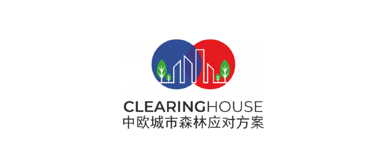 clearing house logo blue and red circle with outline of cities in white across the circles