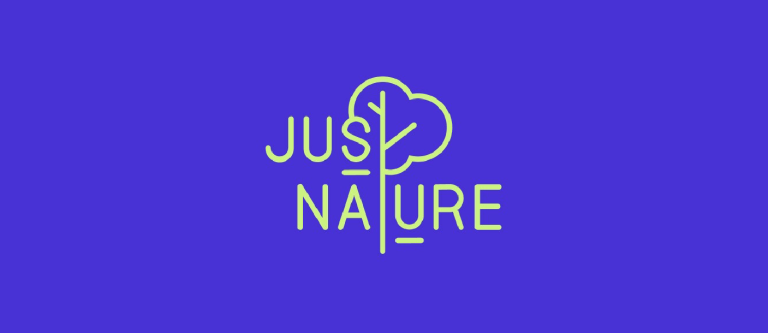 just nature logo - words with the "T" extending between "just" and "nature" with leaves coming off