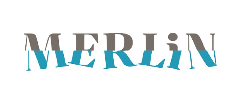 Merlin logo - half of the world looks as though it is submerged in water - blue colouring and on an angle
