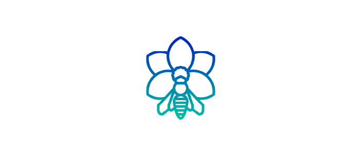BEE icon with wings feeding into outline of flower petals