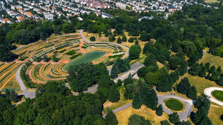 Small lake and rosarium in Cytadela park from above, Poznan, Poland.