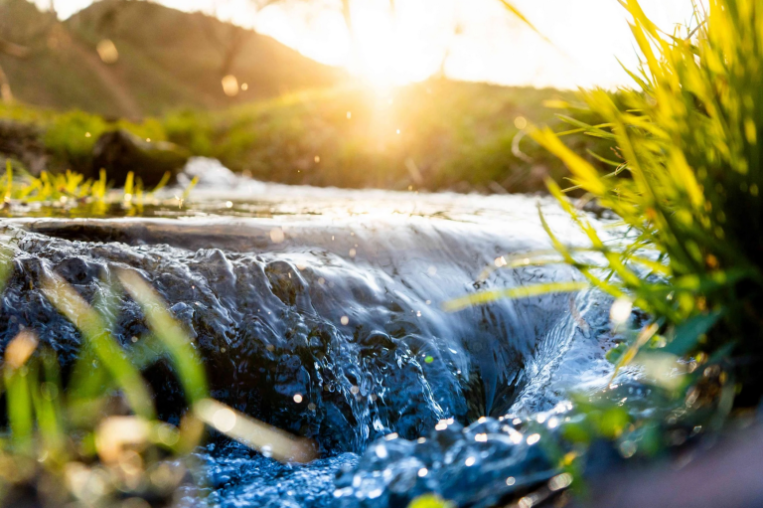 A close up image of water in a river running past some grass on a bank, the sun is low in the middle of the image.