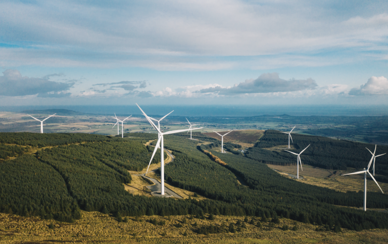 An upland landscape with wind turbines and forestry.