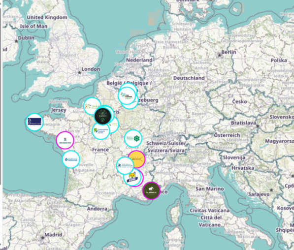 Map of Europe showing the projects that feature on the Wilderness Initiative Map.