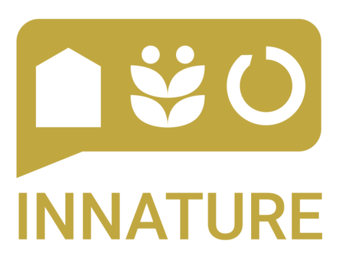 innature logo - yellow speech bubble with house, flower, and round arrow