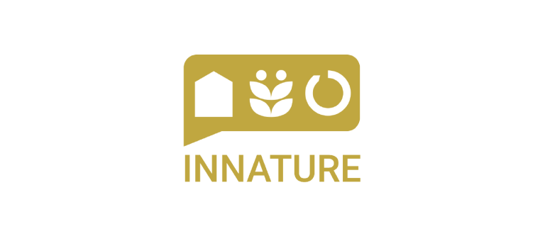 innature logo - yellow speech bubble with house, flower, and round arrow