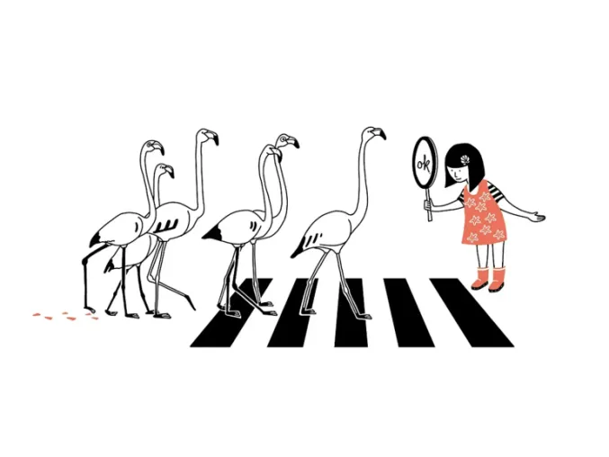 16th of april event image - flamingos crossing the road 