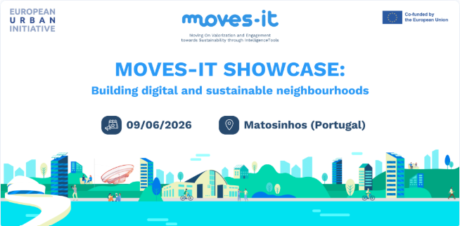 A drawing of a city with the session title "MOVES-IT SHOWCASE: Building digital and sustainable neighbourhoods"