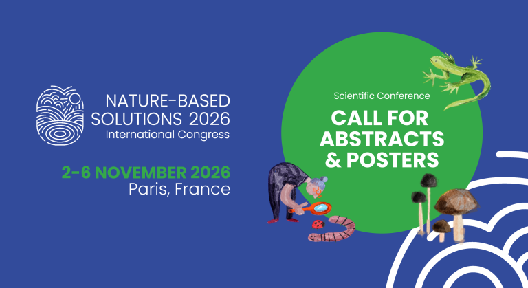 Promotional graphic for the Nature-Based Solutions 2026 International Congress in Paris, featuring a call for abstracts and posters banner with nature illustrations.