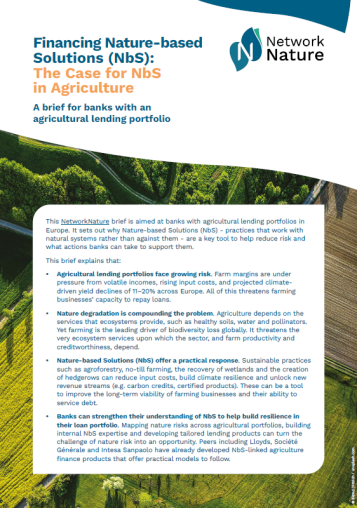 Cover page of NetworkNature brief on financing NbS in Agriculture