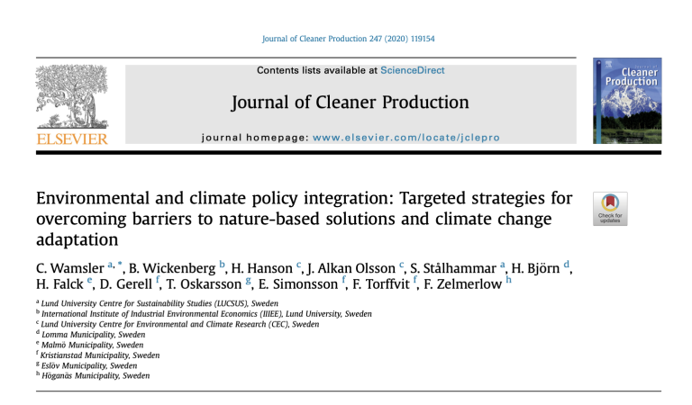 Environmental and climate policy integration: Targeted strategies for overcoming barriers to nature-based solutions and climate change adaptation
