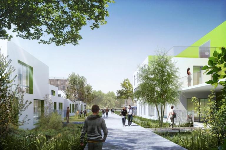 White residential buildings with a vegetated pathway running between them.