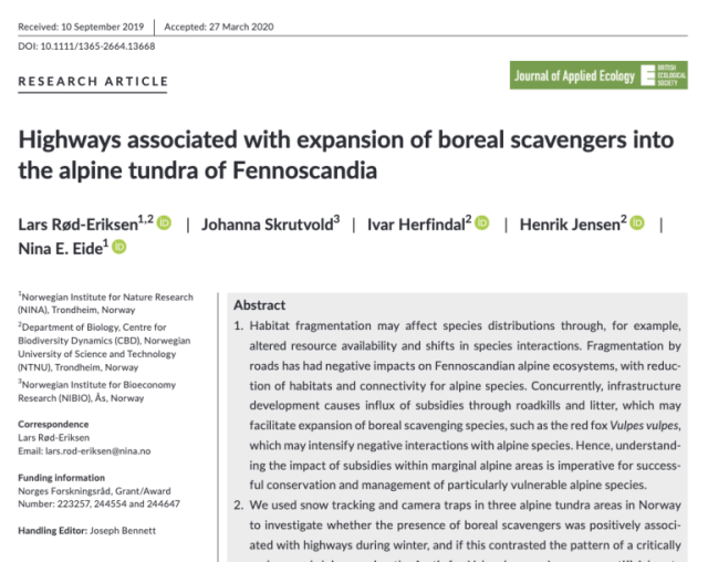 Highways associated with expansion of boreal scavengers into the alpine tundra of Fennoscandia report cover