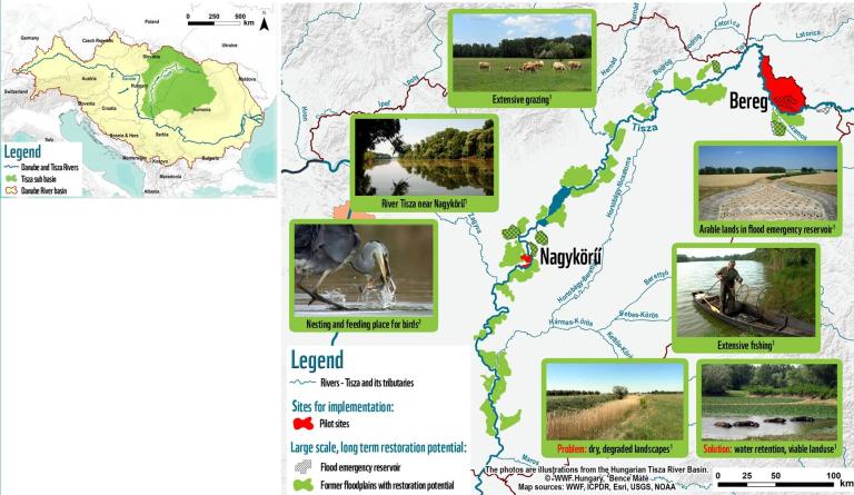 Image of a map showing the Tisza catchment with a smaller map showing the location of the catchment within Hungary.