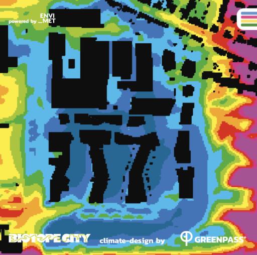 A pixilated heat map of some buildings and their surroundings. The map key is not visible to provide further context.