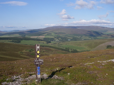 A way marker on an upland site with rolling hills behind that are cultivated.
