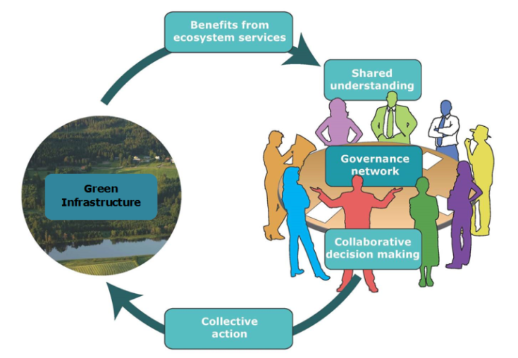 An infographic showing the cycle of green infrastructure and related benefits with green infrastructure leading to benefits of ecosystem services leading to shared understanding, leading to governance networks, leading to collaborative decision making, leading to collective action and back to green infrastructure.