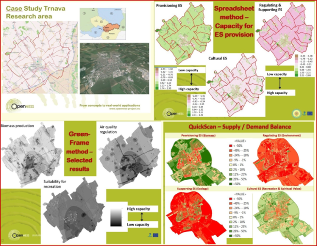 A series of maps of the study area showing the results of analysis such as ecosystem services and green frame analysis.