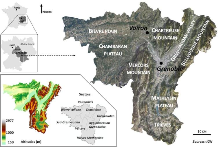 Three maps showing the location of the Grenoble study area, a land cover map and a topographical map based on satellite imagery.
