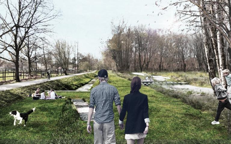 A computer generated image of a greenspace with a couple walking, holding hands in the foreground. There are trees either side of the long greenspace and a dog playing on the grass.