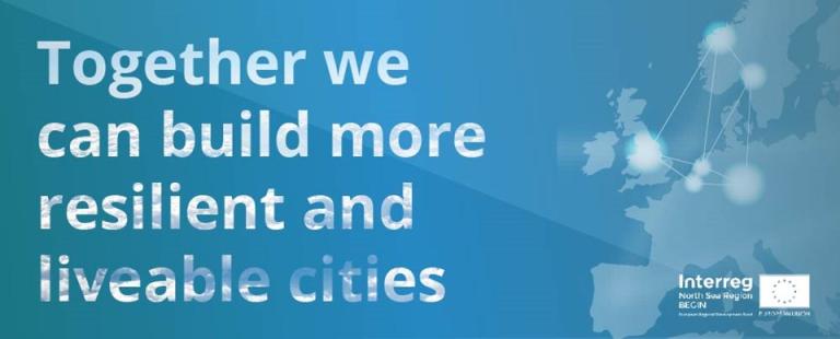 A blue panel with the words 'together we can build more resilient and liveable cities'.