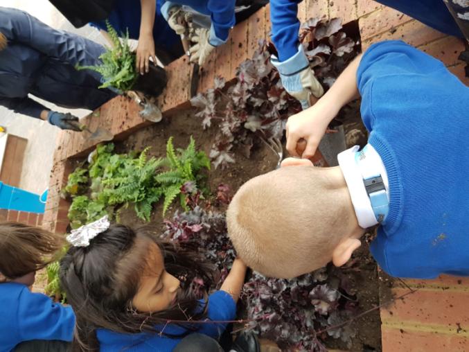 Children planting a rain garden in a raised bed.