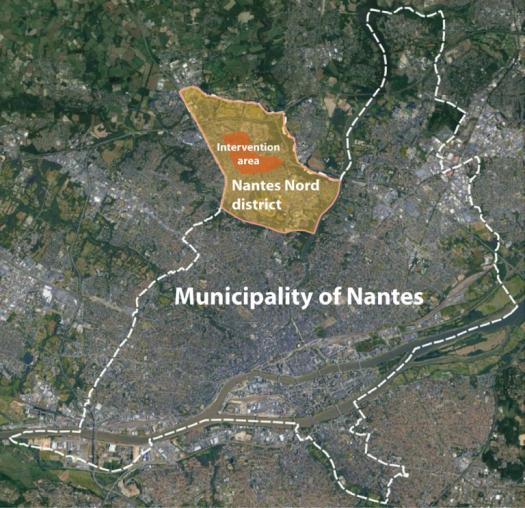 Satellite map of Nantes with Nantes Nord district highlighted.