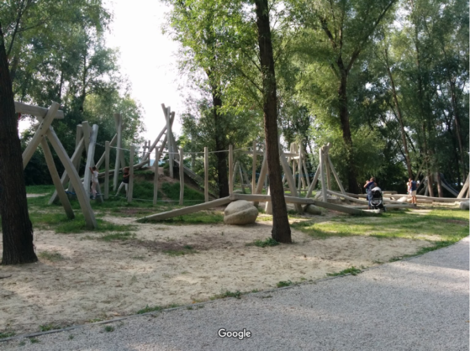 A natural play area with bridges.