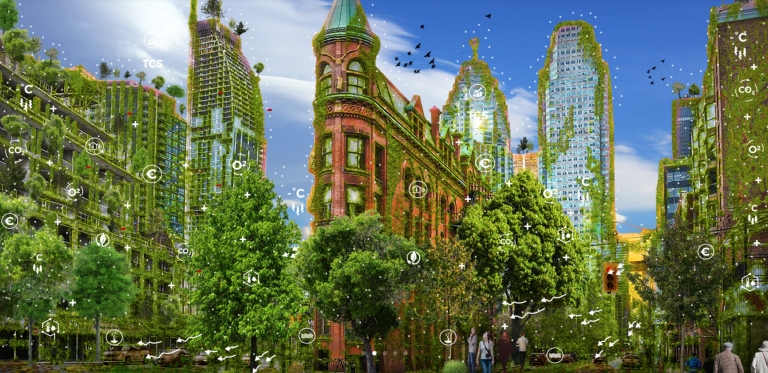 A computer generated image of a street with mixed age buildings with significant green wall installations and green roofs to illustrate the potential for greening existing streets.