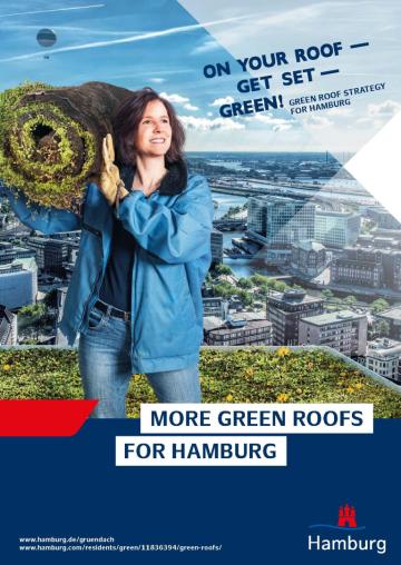 Flyer encouraging people to plant green roofs showing a person carrying a roll of turf with text saying 'get on your roof' and 'more green roofs for Hamburg'.
