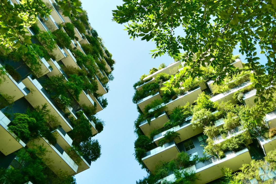 Twin skyscrapers with trees on the balconies during the summer