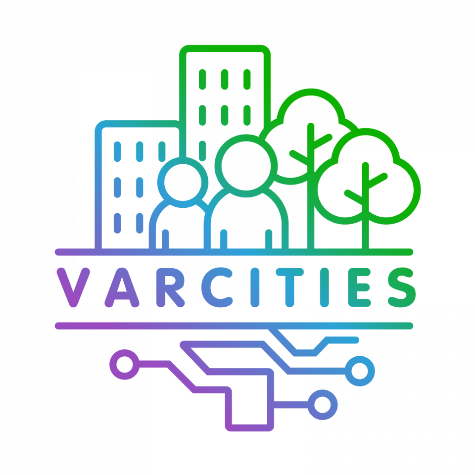 VARCITIES text on a colourful logo of people in city with trees