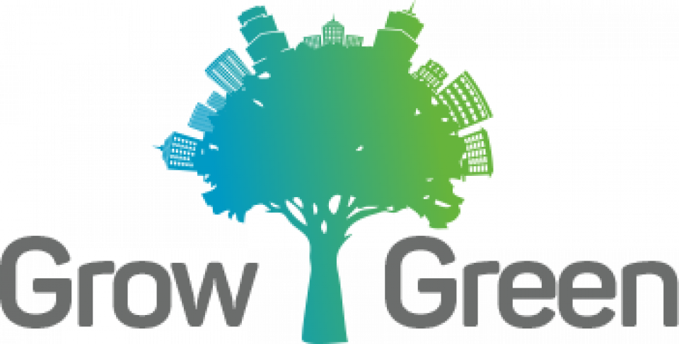 Grow Green text logo, a tree with city landscape as leaves